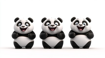 Obraz premium Charming Collection of Three 3D Cartoon Panda Bears in Playful Poses on a Vividly Colorful and Whimsical Background