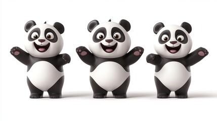 Obraz premium Charming Collection of Three 3D Cartoon Panda Bears in Playful Poses on a Vividly Colorful and Whimsical Background