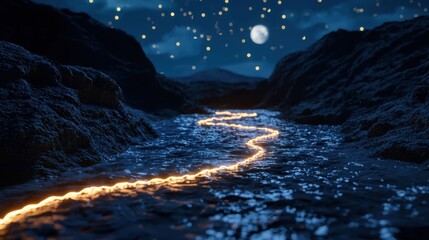 A digital moonlight scene where code flows like water in a glowing stream, stars rendered in neon above