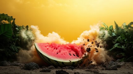An electrifying image of a watermelon slice exploding amidst sandy terrain, creating dramatic dust clouds and evoking a sense of sudden adventure and enjoyment.