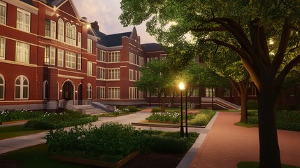 Obraz premium High school exterior with classic red bricks, well-maintained yard with small gardens, tree-lined pathways, soft overcast lighting for a serene mood. 