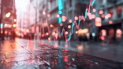vibrant city street scene with financial graph overlay, showcasing upward trends and market activity, evokes sense of dynamic investment