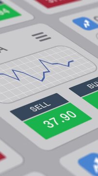 close-up of a computer screen, web interface for a financial app, realtime stock market data and charts, concept of online trading, light theme (3d render)