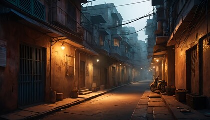 Atmospheric Night Scene in a Narrow, Foggy Alleyway