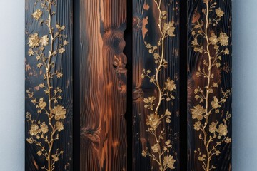 Golden floral branch against a dark, textured wooden
