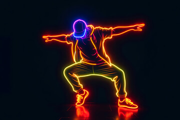 A neon figure of a man with hat performing a hip hop dance routine, energetic, electrifying. Glowing outline of a street performer dancing to the music, doing breakdancing moves. Black background.