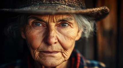 A woman with a hat on her head and a serious expression. She is looking at the camera