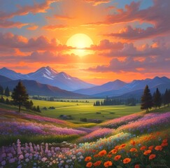 Illustration of spring landscape with field and flowers.