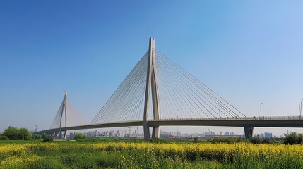 Fototapeta premium Low-angle capture of a cable-stayed bridge, its taut cables reaching elegantly towards a clear blue sky, a testament to modern engineering. 