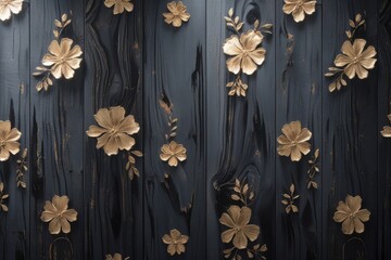 Golden floral branch against a dark, textured wooden