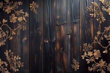 Golden floral branch against a dark, textured wooden