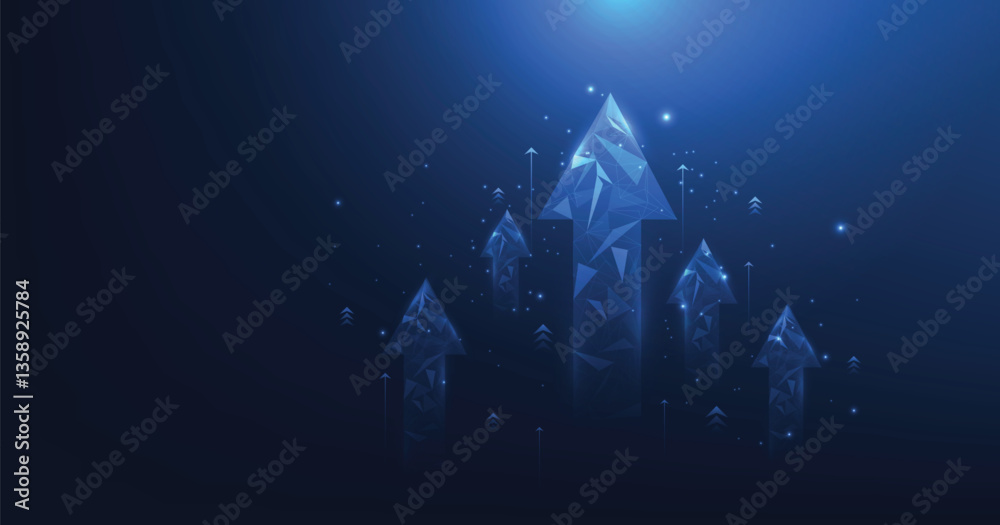 Aufkleber Growth business on successful with arrow up on a dark blue background. growing graph arrow icon from triangle line particle design low poly.Concept of goals to be successful.	