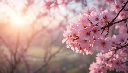Naklejka premium Spring Serenity: Pink Cherry Blossoms Blooming at Sunrise for Mother’s Day
