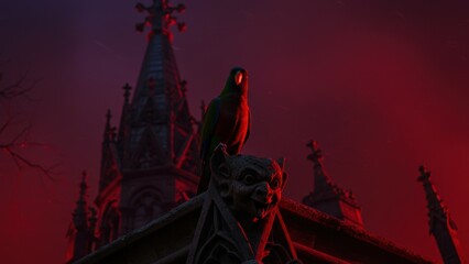 Fototapeta premium A perched parrot sits atop a gargoyle, part of Gothic architecture; features dramatic red lighting. Image evokes themes of gothic fantasy and history.