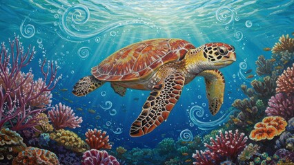 Sea Turtle swims near vibrant Coral Reef. Acrylic painting depicts ocean wildlife habitat, promoting marine conservation, showcasing nature's beauty underwater.