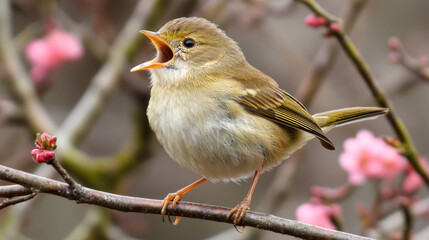 Fototapeta premium small bird singing on branch with pink blossoms