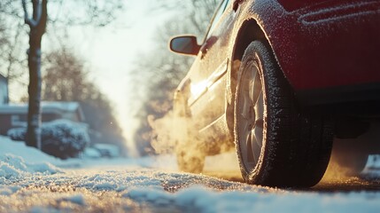 Red Car in Winter Landscape with Snow and Frost on Street at Sunrise in a Residential Area