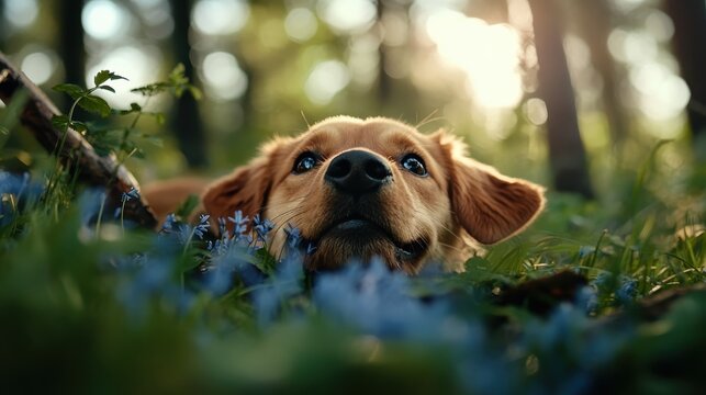 A joyful Golden Retriever resting on a grassy field adorned with flowers, illuminated by the warm golden light of the sunset, expressing pure bliss in nature.