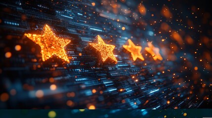 Digital glowing stars, excellent rating,  tech background.  Use online review, feedback