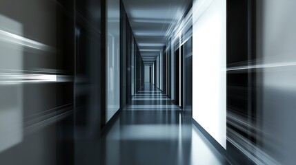 Obraz premium Professional office corridor featuring glossy surfaces, clean lines, and a defocused view of rooms, blending functionality with modern corporate design. 