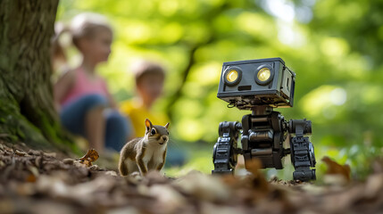 Robot and Squirrel in Forest with Children in Background, Playful Technology and Nature Scene