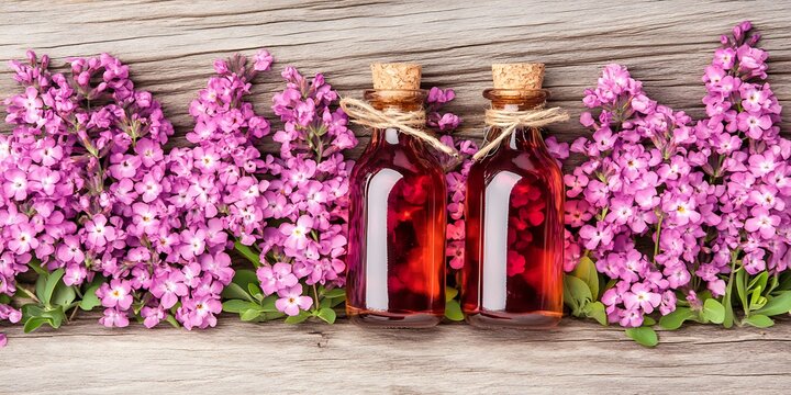 Aromatic elixir nestled among lavender blossoms on weathered wood surface
