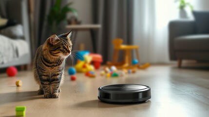 Curious Cat Observes Robotic Vacuum on a Bright and Messy Living Room Floor