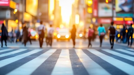 Busy city street crossing at sunset with people walking and warm light creating a vibrant atmosphere