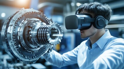 Man Using Virtual Reality Headset to Interact with Industrial Machinery in High-Tech Environment