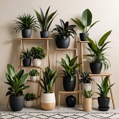 Fototapeta premium Stylish Houseplants on Wooden Shelves