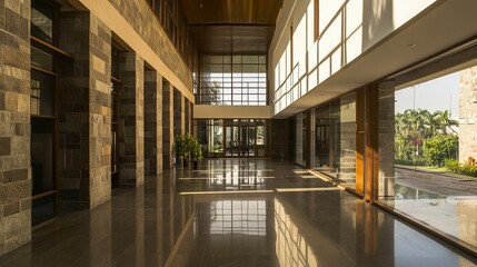 School building blending Indian and modern architecture, clean stone and glass exterior, lobby with towering ceilings visible through open glass panels, soft afternoon glow.  