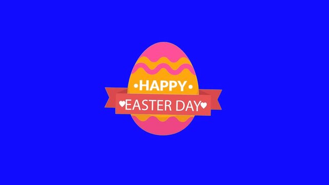 Happy Easter Day design with animated colorful pattern easter egg and ribbon on Chroma key blue screen background.