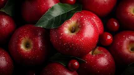 Bunch of red apples with green leaves on top. The apples are shiny and wet, and they are arranged in a way that makes them look like they are ready to be eaten