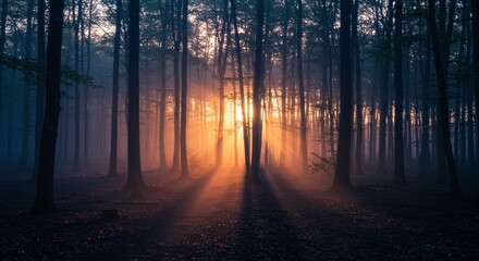 Fototapeta premium Mystical Sunrise in Foggy Forest Golden Light Beams Through Trees