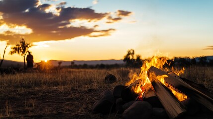Fototapeta premium Man is standing in front of a fire, watching the flames. The sky is orange and the sun is setting. The scene is peaceful and serene