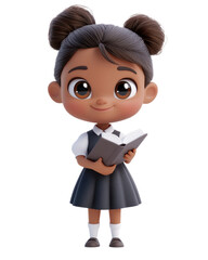 Fototapeta premium Charming animated girl with two buns hairstyle holding an open book in her hands, ready to explore the world of knowledge and imagination in a school uniform