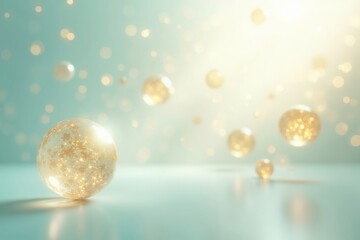 Festive winter scene with glass ornaments and a dreamy, bokeh-filled background.