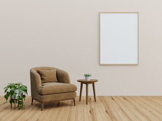 Cozy living room interior with armchair, plant, artwork, and wooden floor