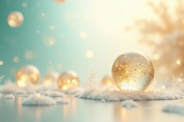 Festive winter scene with glass ornaments and a dreamy, bokeh-filled background.