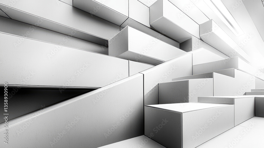 Poster Modern architectural design features geometric shapes and clean lines, creating striking visual effect. interplay of light and shadow enhances minimalist aesthetic, evoking sense of tranquility