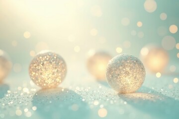 Festive winter scene with glass ornaments and a dreamy, bokeh-filled background.