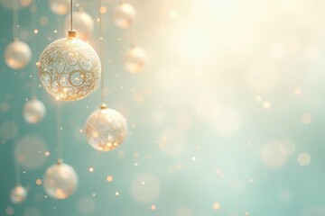 Festive winter scene with glass ornaments and a dreamy, bokeh-filled background.