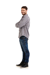 Portrait, arms folded and man in studio for fashion business, creative style or denim designer on mockup space. Smile, confident model and casual clothes, jeans or body on white background in Germany