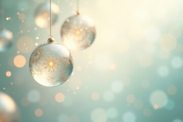 Festive winter scene with glass ornaments and a dreamy, bokeh-filled background.