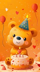 Fototapeta premium Cute bear celebrating birthday party with cake