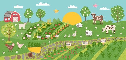 Regenerative farming concept banner. Gardening nature background. Illustration of garden, livestock and farm house. Vector  hand drawn background in flat style.