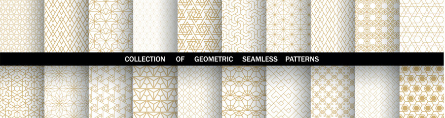 Geometric set of seamless golden and white patterns. Simple vector graphics