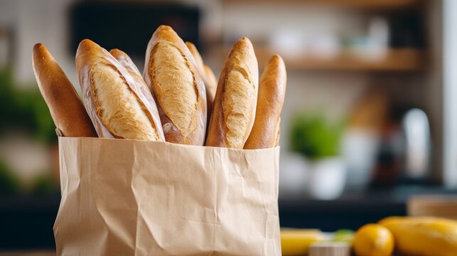 Bag of bread sits on a counter. The bag is brown and has a white label