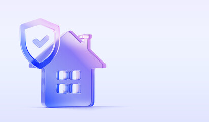 3d home insurance banner. Glass holographic transparent house icon with gradient protect shield on blue background render. Concept of real estate finance safety, property guarantee. 3D illustration