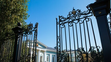 Striking black fence with detailed ironwork surrounds a grand Russian-style school, its entrance gate wide open under a clear blue sky 